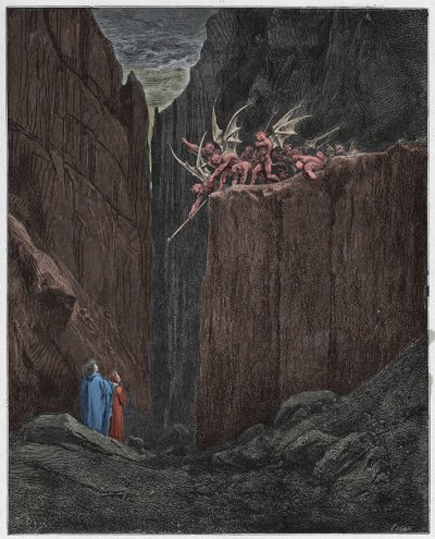 Inferno, Canto 23: The poets escape the demons of the fifth bolgia (illustration from The Divine Comedy) by Gustave after Dore